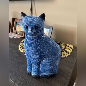 Vintage Enesco Blue Spongeware ceramic cat bank